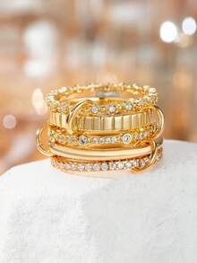 5th Ring 精緻立方鋯石 18K 金多層可疊戴戒指，中性款，適合日常穿戴、派對與夜店 - 金色 - 查看 1