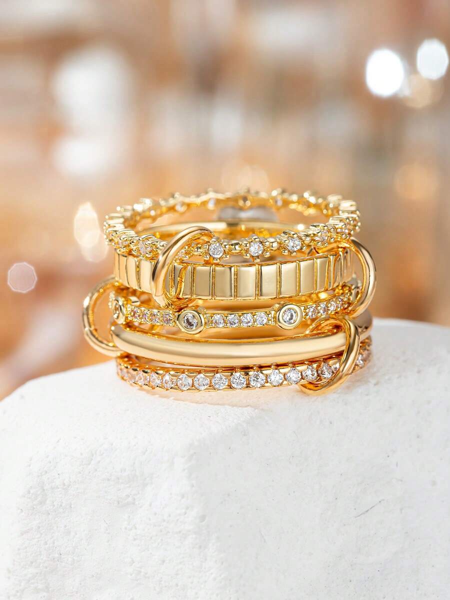 5th Ring 精緻立方鋯石 18K 金多層可疊戴戒指,中性款,適合日常穿戴、派對與夜店 - 金色 - 查看 1