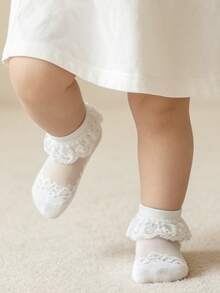 1雙女童幼兒薄款透氣冰絲玻璃纖維棉短襪 嬰兒襪 - 杏色 - 查看 5