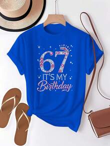 Women's 67th Birthday T-Shirt - 67th Birthday Gift With Sparkling Number 67, Pink, Stars And Crowns - Casual White Short Sleeve Crew Neck Top For 67th Birthday Party - 藍色 - 查看 1
