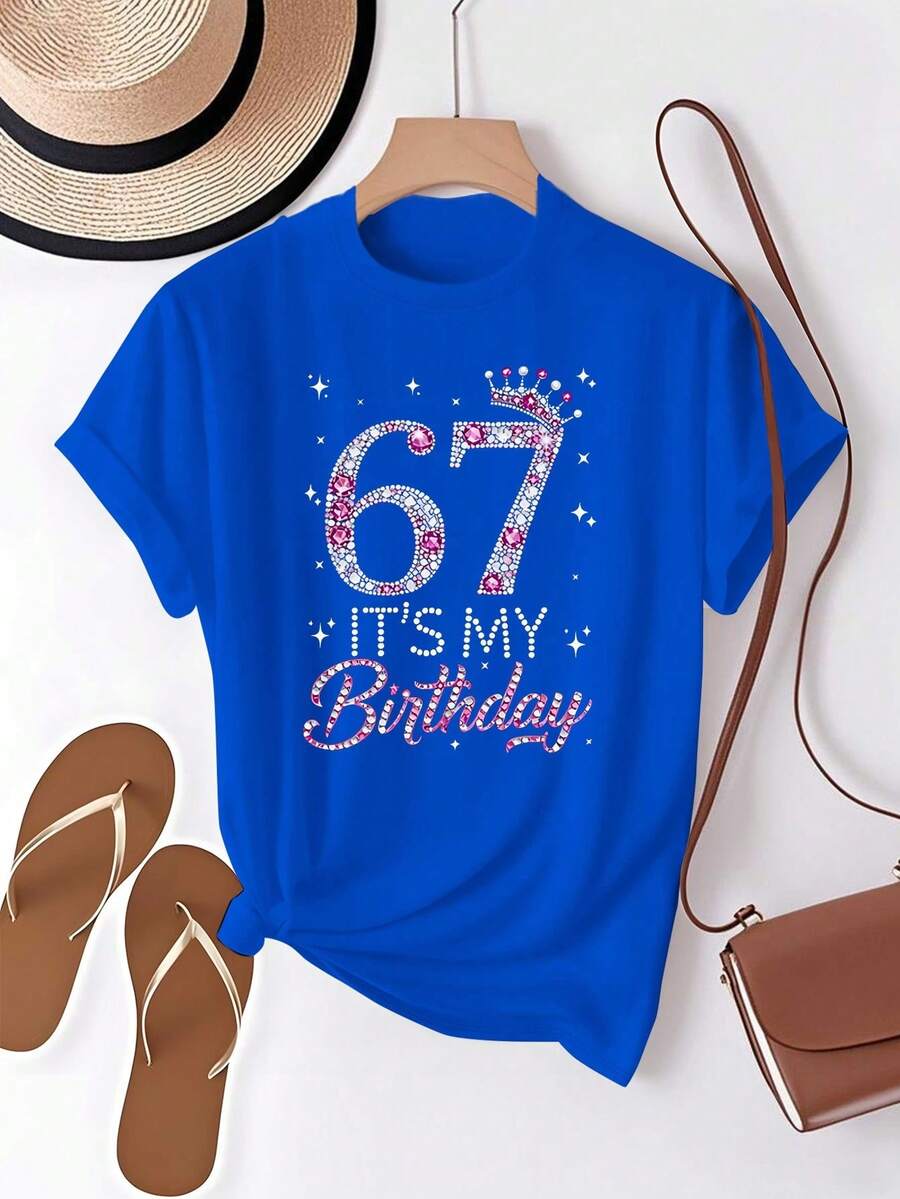 Women's 67th Birthday T-Shirt - 67th Birthday Gift With Sparkling Number 67, Pink, Stars And Crowns - Casual White Short Sleeve Crew Neck Top For 67th Birthday Party - 藍色 - 查看 1