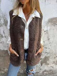 Women's New Autumn/Winter Lambswool Fleece Button Vest Jacket - Coffee Brown - View 1