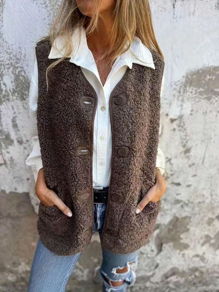 Women's New Autumn/Winter Lambswool Fleece Button Vest Jacket - Coffee Brown - View 1