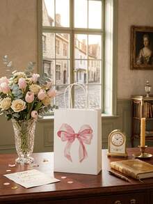 10er Pack rosa Schleifen-Geschenktüten + Aufbewahrungstasche, beliebte Geschenktüten für Geburtstag, Hochzeit, Thanksgiving und Weihnachten, niedliche Kraft-Papiertüten mit Griff, vielseitige Geschenkverpackung für Süßigkeiten und kleine Geschenke, Party-Mitbringsel-Papiertragetaschen - bogenförmiger Verpackungsbeutel - Übersicht 5