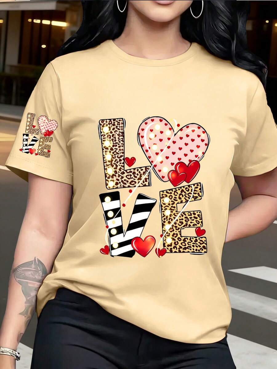 1 Loose-Fitting T-Shirt With Heart And Leopard Print, Modern And Eye-Catching Design, Comfortable And Versatile Style, New Y2K Summer Style. - Apricot - View 1