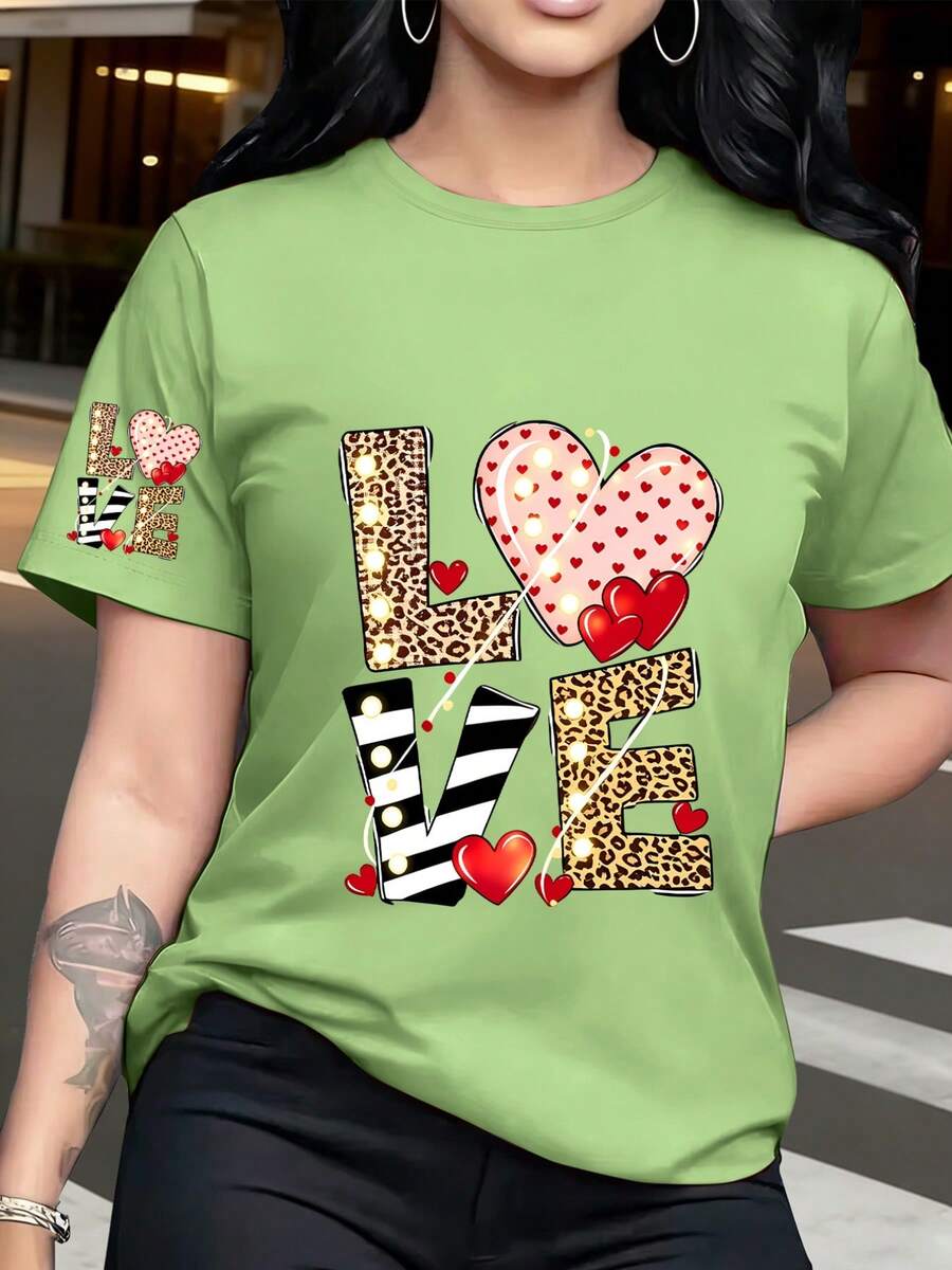 1 Loose-Fitting T-Shirt With Heart And Leopard Print, Modern And Eye-Catching Design, Comfortable And Versatile Style, New Y2K Summer Style. - 抹茶色 - 查看 1