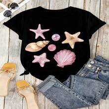 Seashell Starfish Graphic T-Shirt, 100% Cotton Oversized Soft Breathable Casual Crewneck Short Sleeve Top, Summer Vibes Aesthetic Beach Lover Tee For Women - 黑色 - 查看 18