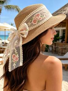 New Flat Top Straw Hat For Women, Embroidered Woven Hat, Summer Sun Protection Hat, UV Protection Sun Hat, Beach Hat - A - View 1