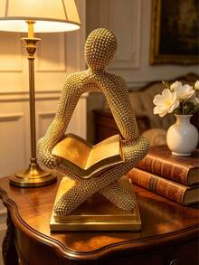 Abstract Golden Beaded Reading Man Statue, Modern Art Desktop Decor Sculpture, Suitable For Home Study Living Room Bookshelf, Ideal Bookstore Office Desktop Ornament, Premium Resin Thinker Sculpture, Gift For Book Lovers & Home Interior Decoration, Room Decor - New Model - View 5