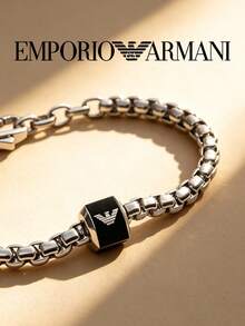 Armani 男士銀色方鏈手鍊，黑色方形珠飾搭配鷹標誌，可調節延長鏈，經典商務日常腕飾禮物 - 銀色 - 查看 2