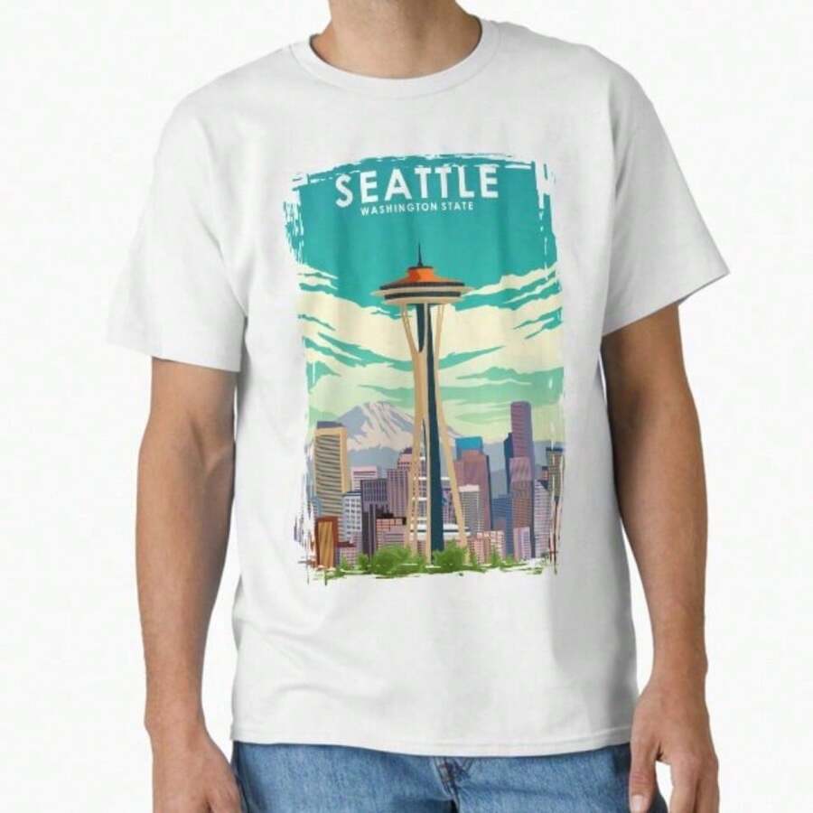 Camiseta con la aguja espacial frente a una ciudad colorida - Rojo y negro - Ver 1