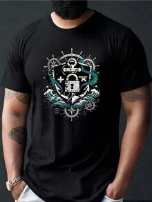 Camiseta de Hombre Ancla - Candado - Patrón de Escudo + Lema 'Nautical Flair' Camiseta de Adulto Camiseta de Manga Corta con Patrón de Ancla de Barco de Vela - Negro - Ver 1