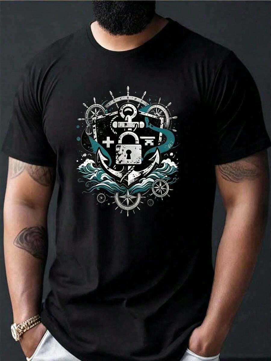 Camiseta de Hombre Ancla - Candado - Patrón de Escudo + Lema 'Nautical Flair' Camiseta de Adulto Camiseta de Manga Corta con Patrón de Ancla de Barco de Vela - Negro - Ver 1