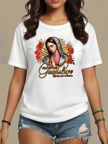 Figura religiosa con rosas simboliza fe devoción esperanza y amor profundo en esta hermosa camiseta de mujer ideal para uso diario - Blanco - Ver 1