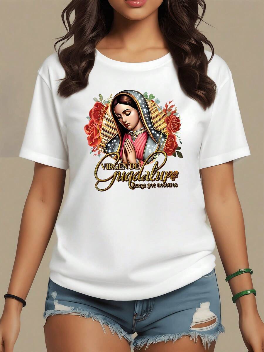 Figura religiosa con rosas simboliza fe devoción esperanza y amor profundo en esta hermosa camiseta de mujer ideal para uso diario - Blanco - Ver 1