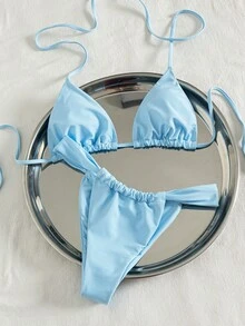 2026 女款海灘夏季泳裝套裝 隨機印花細肩帶性感比基尼，夏季套裝，優雅，情人節，海灘，度假，休閒，時尚，夏季套裝，夏季假期套裝，春季，女款情人節套裝，嘉年華 - 淺藍色 - 查看 4