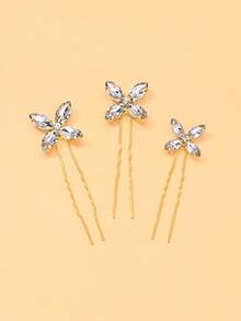 outingfit 3pcs Bridal Wedding Colorful Butterfly Hairpin Fashion Rhinestone Four-Leaf Clover Daily Updo Hair Stick Accessories For Women - Gold - View 2