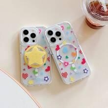 1 Piece Summer Star Design Phone Back Grip, Extendable Support Printed With Polka Dot Star Motifs, Hands-Free Desktop Phone Holder, Adorable Girly Decorative Phone Ornament, Delicate Mini Present For Buddies - Multicolor - View 3