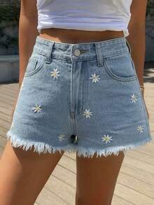 Celana Pendek Denim Bordir Bunga dengan Ujung Belum Dipakai untuk Remaja Perempuan - Medium Wash - View 3