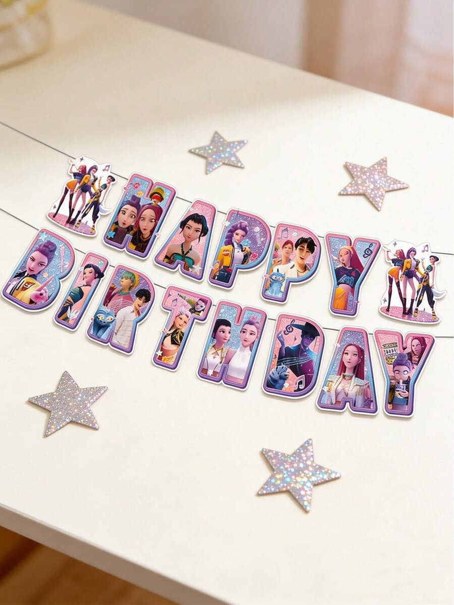K-POP Witch Hunt Girl Group Theme Happy Birthday Letter Banner, Cute Birthday Party Hanging Decoration Backdrop For Fans Party, Room Decor And Photo Booth Props,Rumi,Demon Pop Hunters,Squishy - Multicolor - View 1
