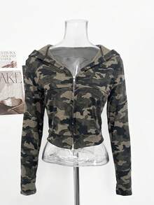 Vintage American Sweet & Cool Camouflage Two-Way Zipper Slimming Hooded Long Sleeve Jacket Top - Army Green - View 9