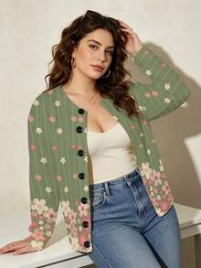 ASHKATIA Women's Plus-Size Vintage Cardigan Sweater, All-Over Floral Print Fall Winter Knit For Social Occasions - Multicolor - View 13