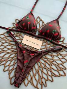 2pcs/Set All-Over Fruit Cherry Print Sexy Back Lace-Up Bikini Swimsuit For Women, Beach, Vacation, Stage And Concert, Summer - Brown - View 1