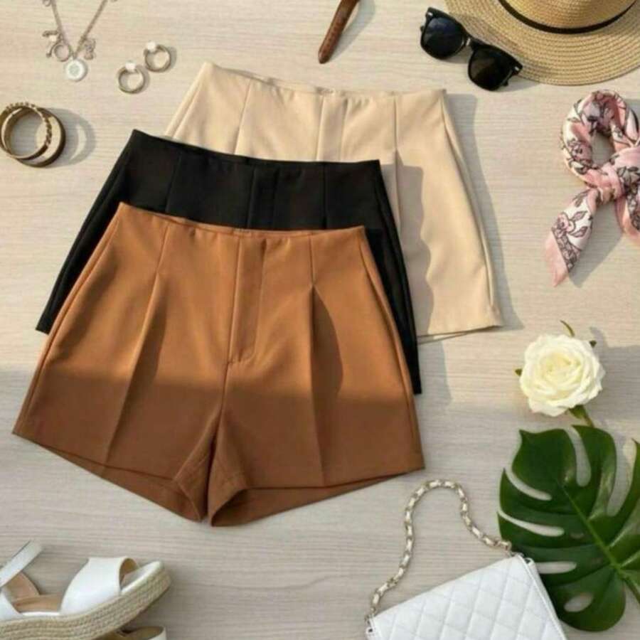 Set Of 3 Women's Tailored High-Waisted Dress Shorts, Elegant, Casual, Summer Fashion, Work, Office - 焦糖色/黑色/米色 - 查看 1