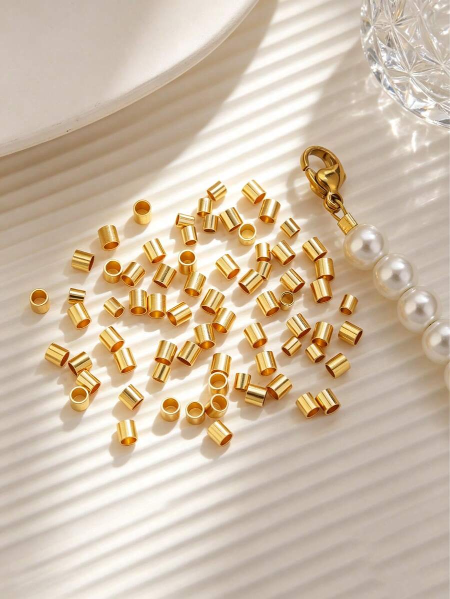 200 piezas de cuentas de tubo de crimpado de acero inoxidable chapado en oro minimalista, tubos de fijación de cordón unisex para manualidades diarias de pulseras y collares hechos a mano - extremo del cable - Ver 1