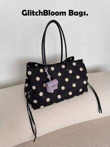 Black Large Capacity Tote Bag, Casual Nylon Shoulder Bag, Lightweight Work & Travel Handbag (No Accessories Included) - Black and White - View 4