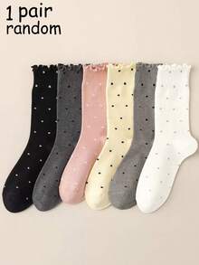 1/6 Pares de Meias Femininas Coloridas com Bolinhas, Borda com Babado, Elásticas e Caneladas, Estilo Doce e Fofo, Adequadas para Campus e Uso Diário, Confortáveis e Casuais, Fáceis de Combinar, Tecido Confortável, Estilo, Essenciais para Saídas Diárias, Adequadas para Uso Externo e Interno, Fofas, Sortimento Aleatório - Multicolorido - Visão 9