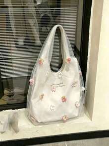 Japanese And Korean Style Niche Design Ins Style Minimalist Fashion Floral Fresh Shoulder Bag Commuter Outing Daily Shopping Floral Drawstring Shoulder Tote Large Bag - White - View 3