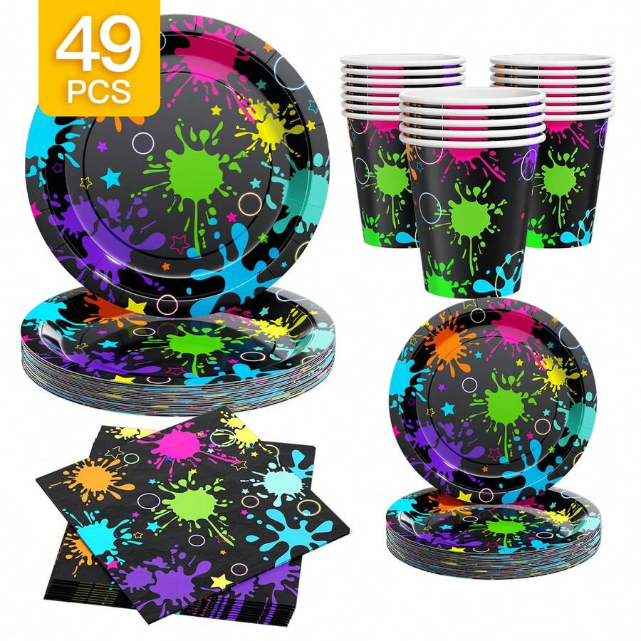 49/25/8pcs Neon Graffiti Party Night Disposable Plates, Napkins, Cups, Disposable Party Supplies Set, Suitable For 8 Guests, Disposable Paper Plates Party Tableware For Birthday, Wedding, Theme Party, Family Picnic - Multicolor - View 1