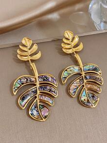 1Pair Summer Turtle Backed Leaves Abalone Shell Earrings For Women Stainless Steel Dangle Earrings For Travel Vacation Season Festival Jewelry Gifts - Multicolor - View 3