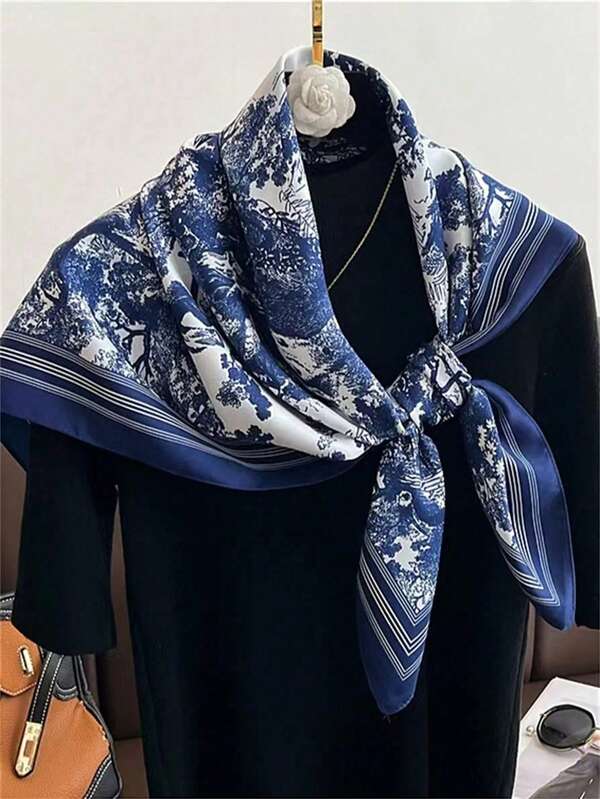 1 chiếc khăn vuông lớn 90cm màu xanh vân chéo, khăn quàng cổ lụa nữ, khăn choàng chống nắng, xuân/hè