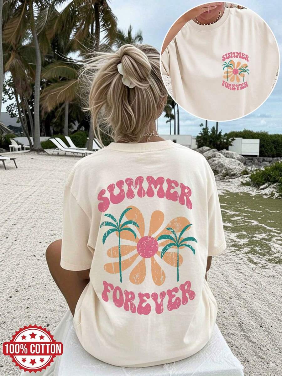 [Double-Sided Print] Women's Summer Casual T-Shirt, Vintage Style, Floral And Coconut Print, Short Sleeve Crew Neck T-Shirt, 100% Cotton - 杏色 - 查看 1