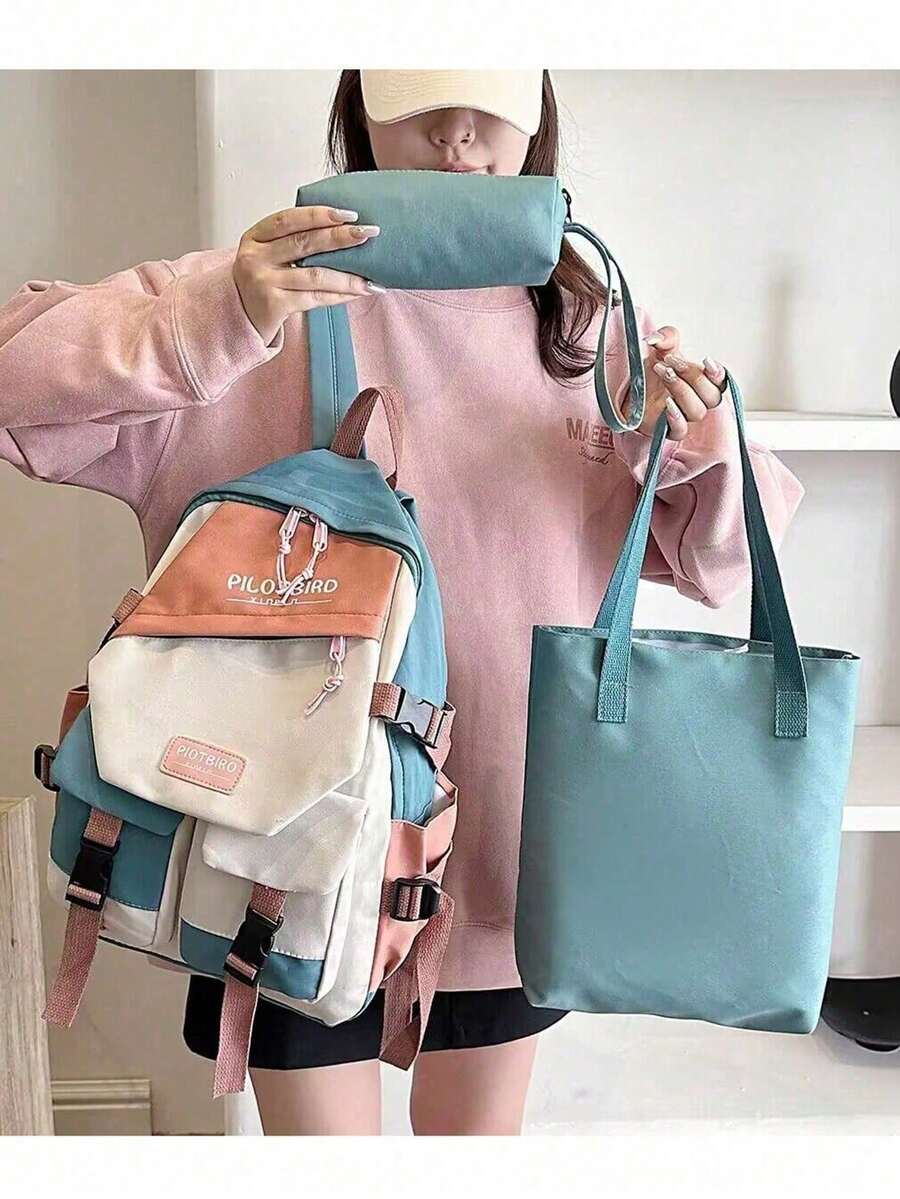 Pilotbird Student Backpack Large Capacity Color Block Multi-Pocket Casual Backpack