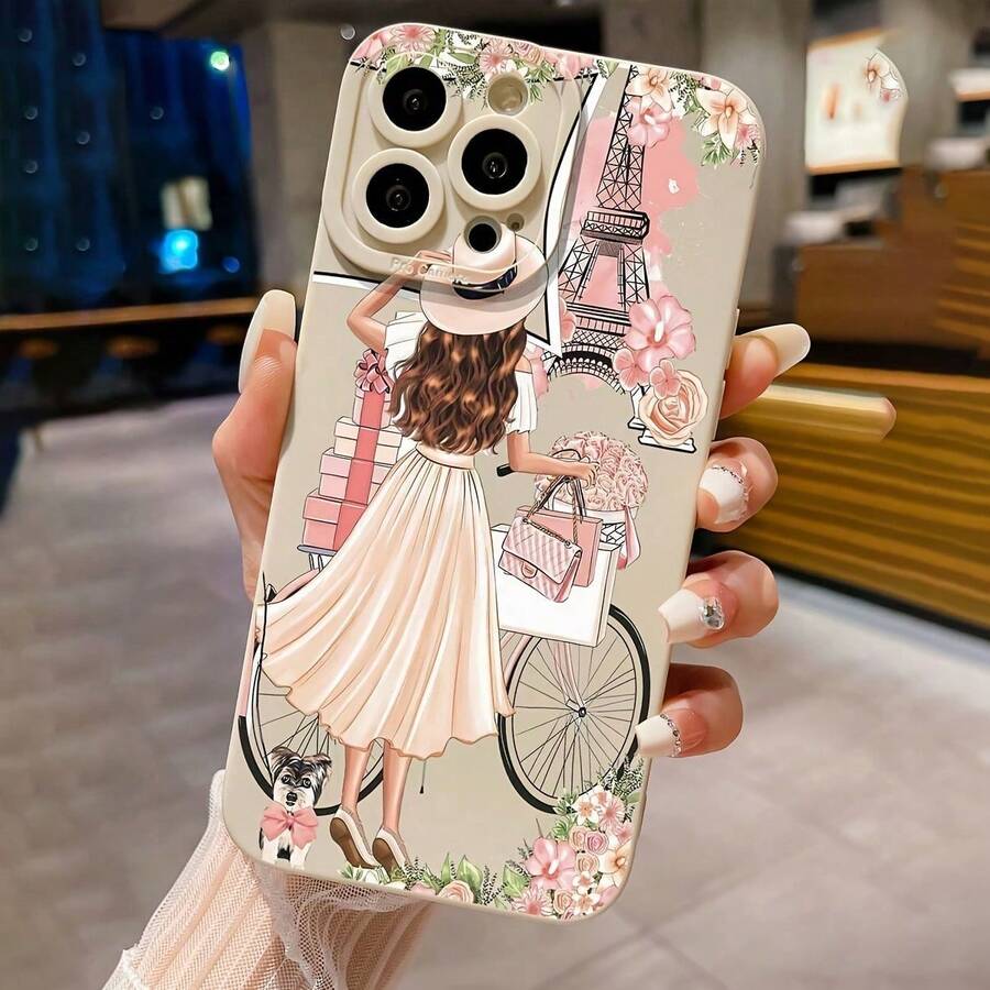 1 funda de teléfono elegante, no incluye cordón ni soporte. Muestra elementos de París, chicas, torres, flores. Funda de teléfono elegante y con estilo, adecuada para 16 Pro 15 14 13 12 11 Pro Plus ProMax X Xs. Funda a prueba de golpes, arañazos y caídas. - Blanco - Ver 1