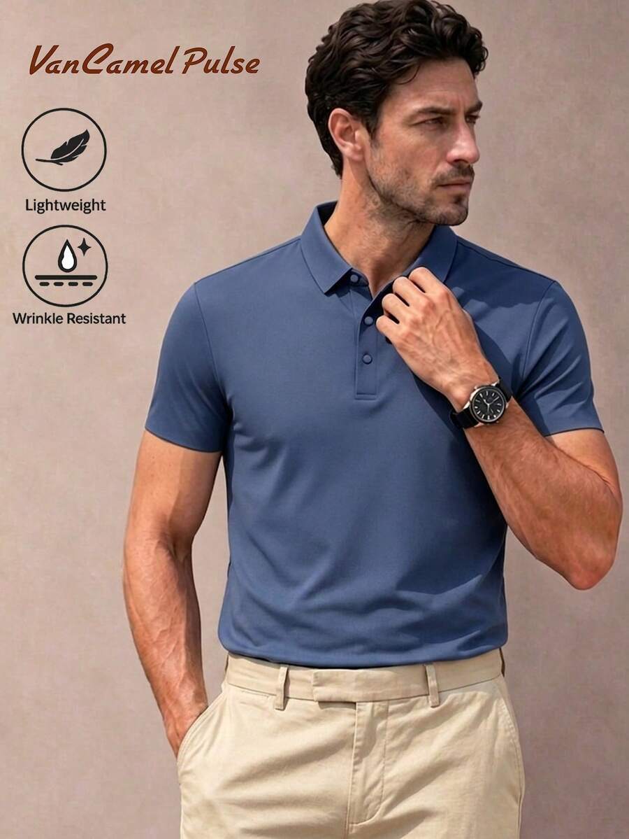 Vancamel Pulse 男士寬鬆快乾冰絲 Polo 衫,戶外跑步健身通勤領口短袖,通勤輕商務運動 Polo 衫 - 藍色 - 查看 1