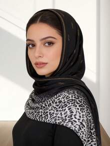 1pc Women's Knitted Leopard Print Ombre Long Hijab Headscarf With Rhinestone Decor, Super Soft Fabric, Middle Eastern Style - Leopard Print Rhinestone Long Scarf In Multiple Colors - View 14