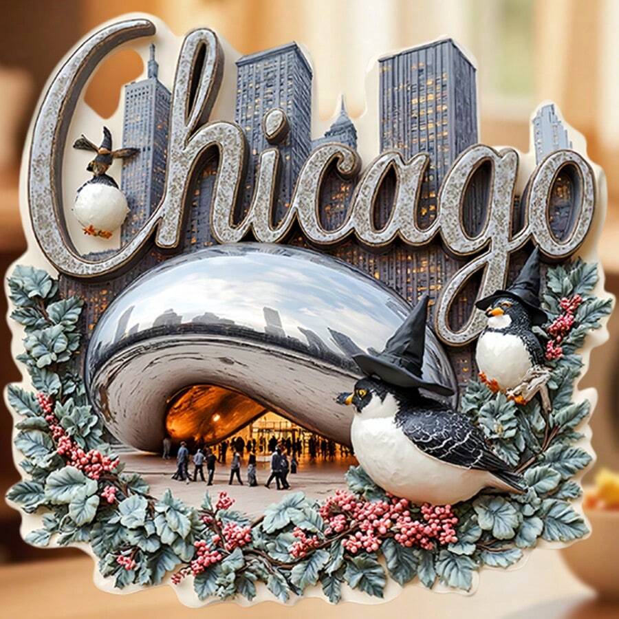 Chicago Cloud Gate Reflecting Skyline And Songbirds Magnet Where The Wind Shapes Dreams In Silver Keepsake For All Metal Surfaces Throughout The Home - A - View 1