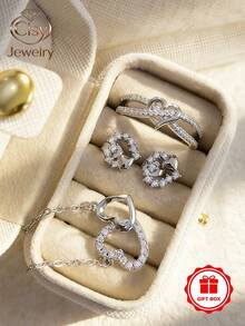 4pcs Elegant Cubic Zirconia Jewelry Set - Ring, Necklace, Earrings, Comes With Gift Box, Designed For Women, Suitable For Wedding, Engagement, Anniversary, Party, Valentine's Day Gift - 1# - View 9