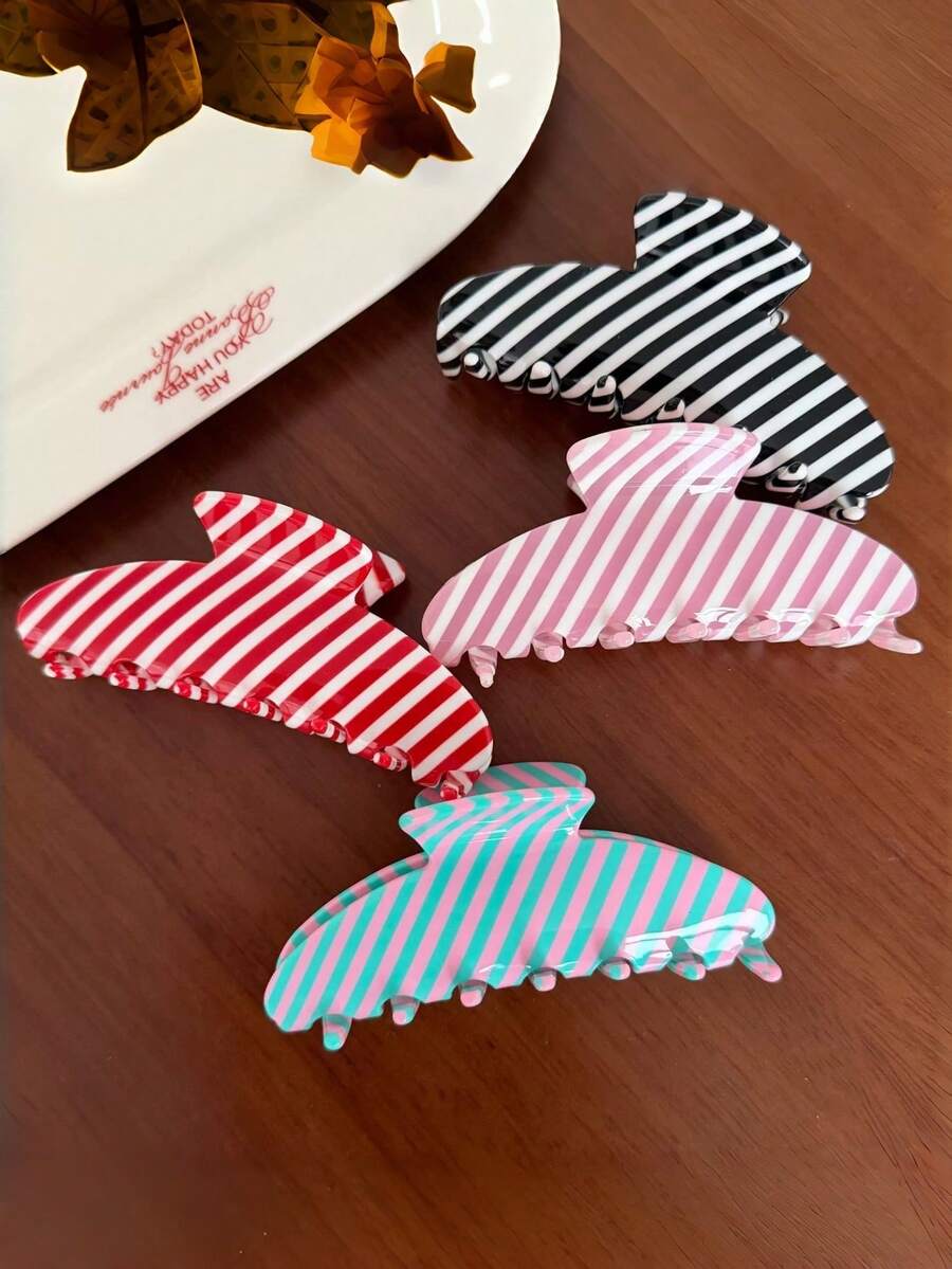 1 pieza Pinza de pelo de acetato a rayas, pinza grande para moño de estilo casual, pinza de pelo a rayas azul & rosa, accesorio de pelo lindo para mujeres y niñas, adecuado para uso diario y vacaciones - Multicolor - Ver 1