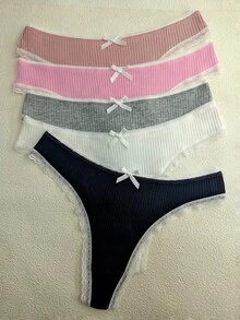 5入女款多彩螺紋蕾絲飾邊可愛蝴蝶結性感丁字褲 - 彩色 - 查看 3