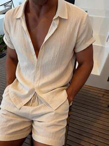 GOLDREDY Men's Solid Color Vertical Textured Casual Fashion Minimalist Commute Street Style Summer New Short Sleeve 2-Piece Set - Apricot - View 3