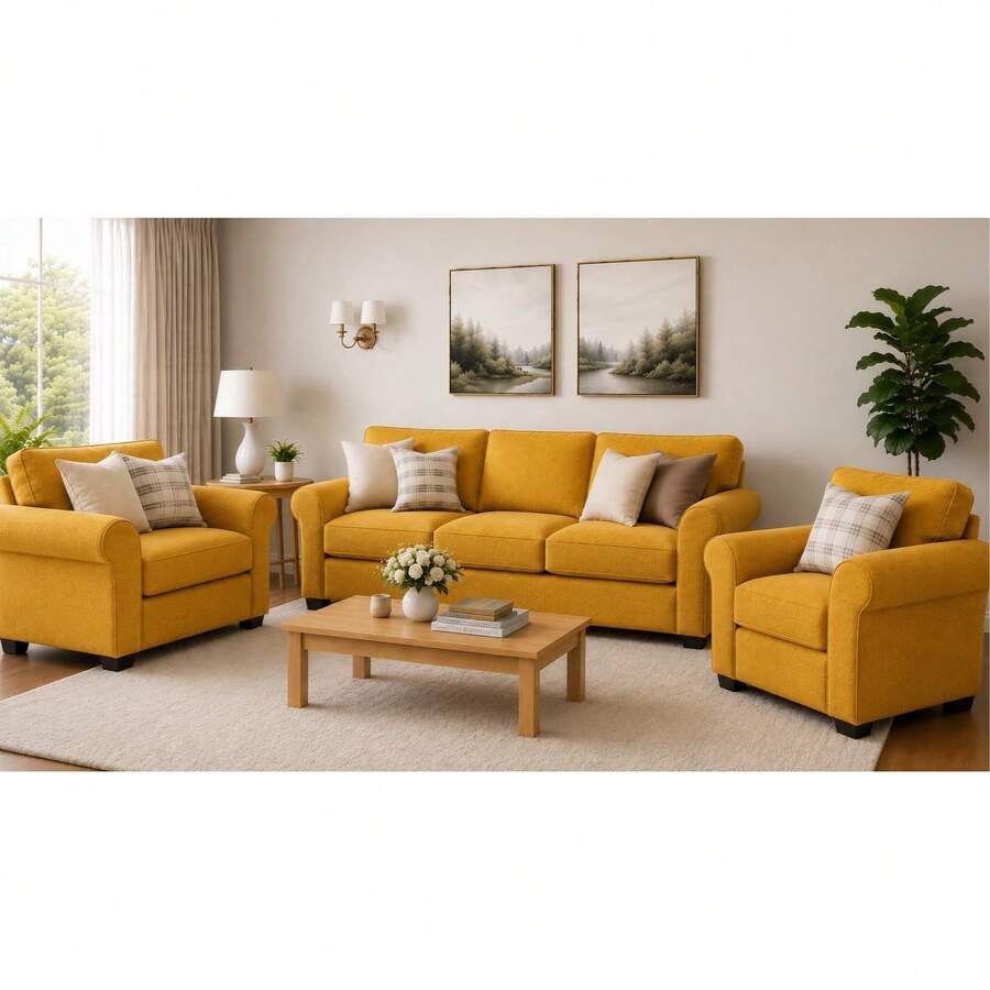 3-Piece Stretch Elastic Sofa Cover Set, Complete Living Room Set - Mustard Yellow - View 1