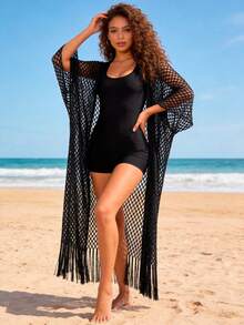1pc Women's Solid Color Sexy Hollow Out Metallic Color Long Cover Up Shawl, Casual For Outdoor, Beach, Pool Party, Swimsuit Cover Up, Summer For Dress - Multicolor - View 12