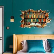 1/3Pcs Back To School 2D Bookshelf Wall Sticker, Open Book Library Cracked Wall Decal, Removable Self-Adhesive Vinyl Decor, School Home Office Aesthetic Indoor DIY Wall Art Holiday Gift - Book Wall Stickers - View 6