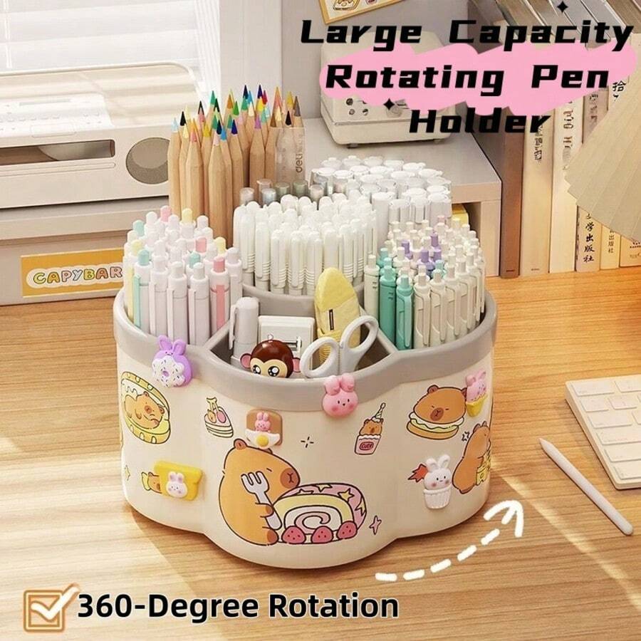 Cute Capybara 360° Rotating Pen Holder - Large Capacity Desktop Organizer & Makeup Brush Storage Box - Multifunctional Stationery Supply For Office & Study - Adorable Birthday Gift For Students & Kids (Multi-Color Options) - Multicolor - View 1