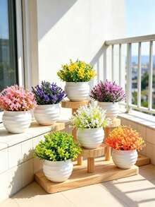 4/2/1p Artificial Small Flowering Green Plants, Artificial Potted Plants, Artificial Mini Bonsai With White Vase, Plastic Flower Potted Landscape, Suitable For Office, Yard, Balcony Decoration, Home Decor, Garden, Living Room, Dining Table, Kitchen - Multicolor-c - View 2